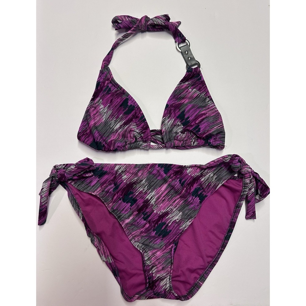Mossimo Bikini Set Large Pink Purple Abstract Print Halter Beach Swimwear Unique